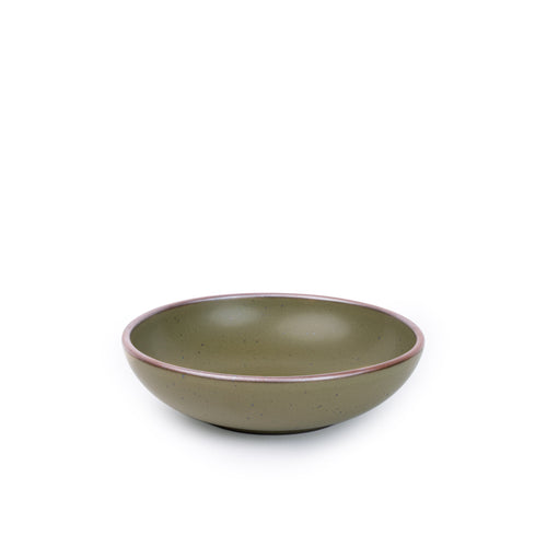A dinner-sized shallow ceramic bowl in an olive green color featuring iron speckles and an unglazed rim