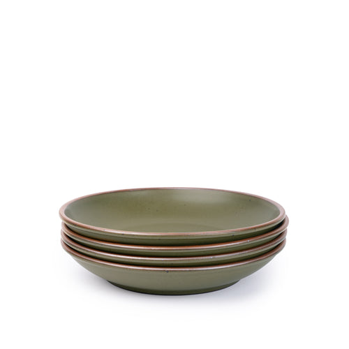 A stack of 4 medium ceramic plates with a curved bowl edge in an olive green color featuring iron speckles and an unglazed rim.