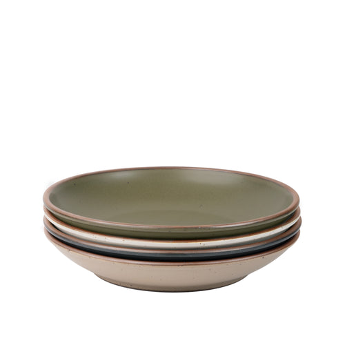 A stack of 4 large ceramic plates with a curved bowl edge in an olive green, graphite black, off-white, and warm pale brown colors featuring iron speckles and an unglazed rim.