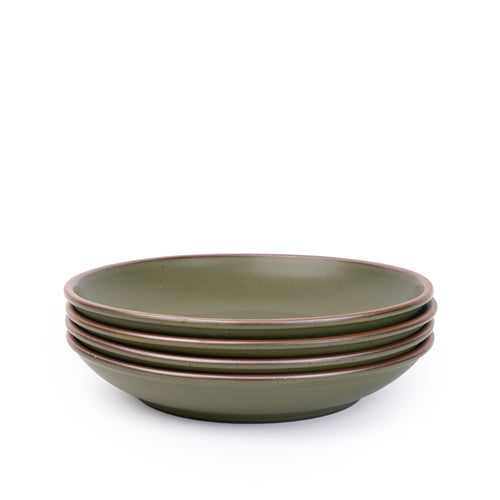 A stack of 4 large ceramic plates with a curved bowl edge in an olive green color featuring iron speckles and an unglazed rim.