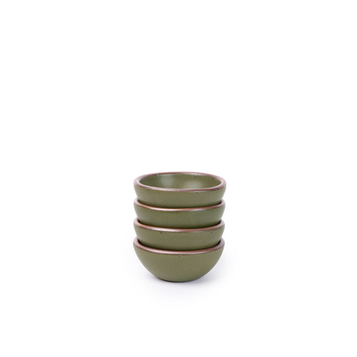 A stack of 4 tiny rounded ceramic bowls in an olive green color featuring iron speckles and an unglazed rim