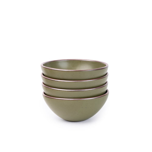A stack of 4 medium rounded ceramic bowls in an olive green color featuring iron speckles and an unglazed rim