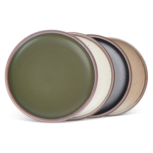 4 dinner sized ceramic plates in an olive green, graphite black, warm pale brown and off-white colors featuring iron speckles and an unglazed rim