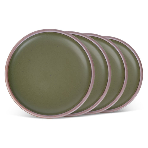 4 dinner sized ceramic plates in an olive green color featuring iron speckles and an unglazed rim