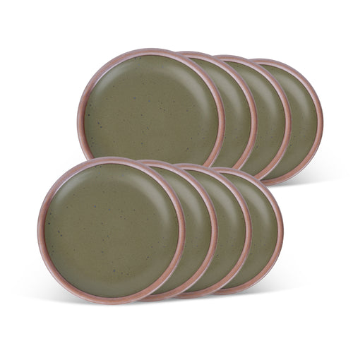 8 dessert sized ceramic plates in an olive green color featuring iron speckles and an unglazed rim.