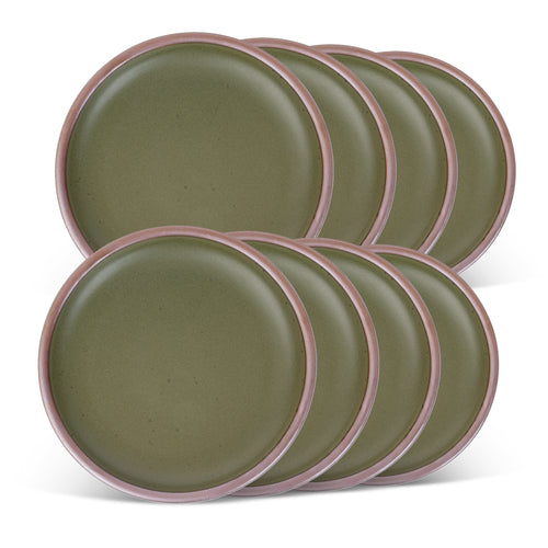8 medium sized ceramic plates in an olive green color featuring iron speckles and an unglazed rim.
