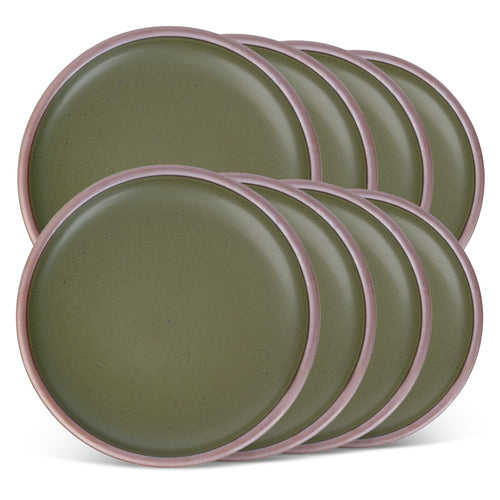 8 dinner sized ceramic plates in an olive green color featuring iron speckles and an unglazed rim