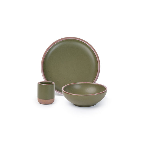A small tiny cup, a medium sized plate, and a small breakfast bowl paired together in an olive green color featuring iron speckles.