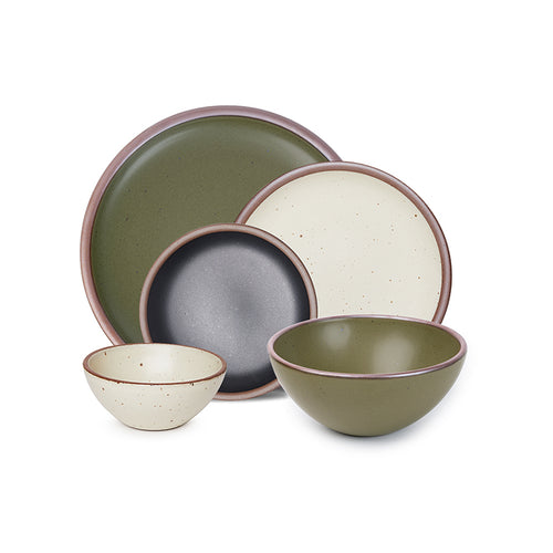 An ice cream bowl, soup bowl, cake plate, side plate and dinner plate paired together in olive green, graphite black and warm off-white colors featuring iron speckles