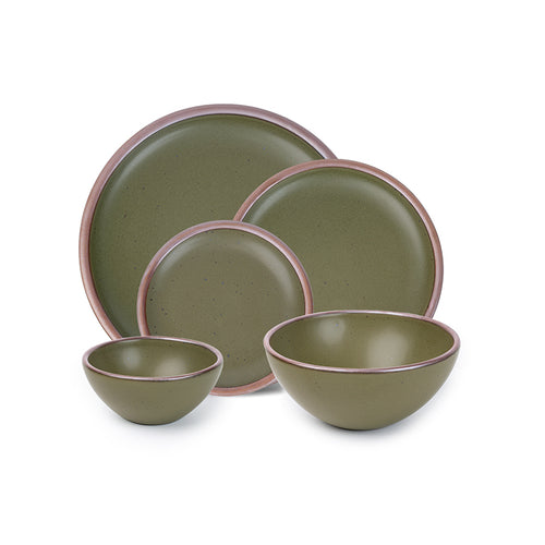 An ice cream bowl, soup bowl, cake plate, side plate and dinner plate paired together in an olive green color featuring iron speckles