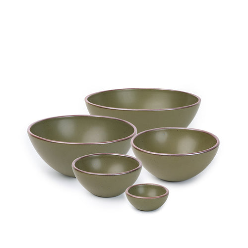 A bitty bowl, ice cream bowl, soup bowl, popcorn bowl, and mixing bowl paired together in an olive green color featuring iron speckles