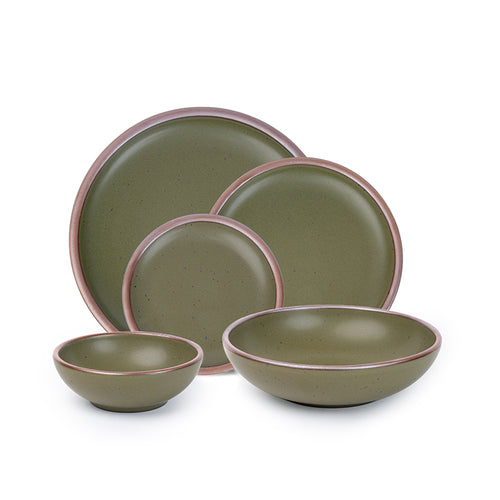 A breakfast bowl, everyday bowl, cake plate, side plate and dinner plate paired together in an olive green color featuring iron speckles