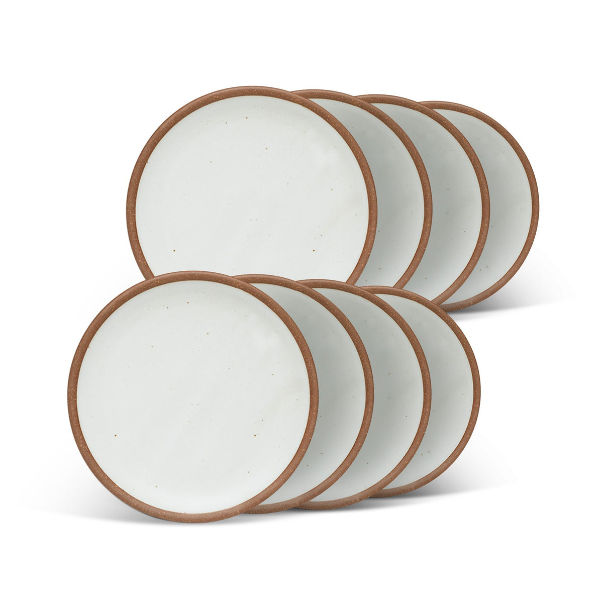 8 dessert sized ceramic plates in a cool white color featuring iron speckles and an unglazed rim.