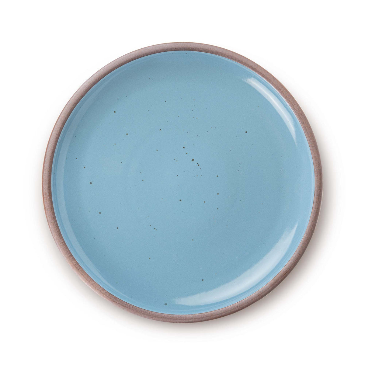 A large ceramic platter in a glossy cerulean color featuring iron speckles and an unglazed rim.