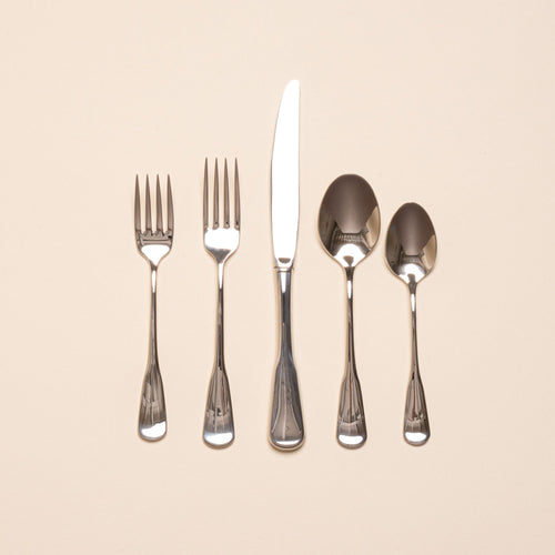 A stainless steel five-piece flatware including 2 forks, 2 spoons, and 1 knife, in a polished finish and classic design