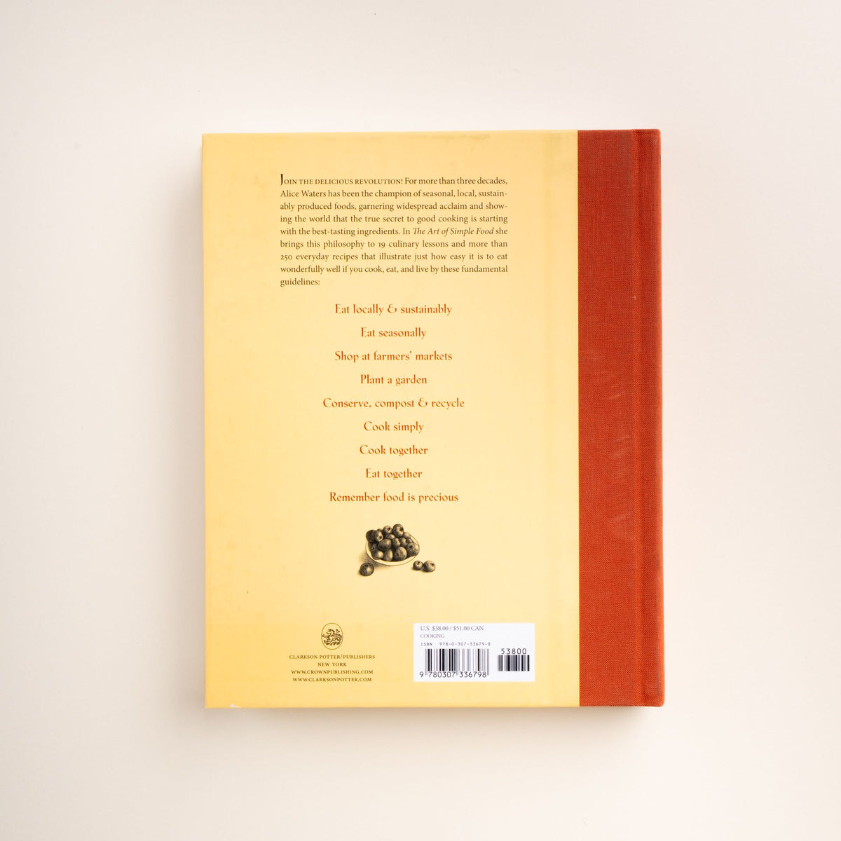 Back cover of The Art of Simple Food by Alice Waters with text on sustainable eating and fundamental cooking guidelines.
