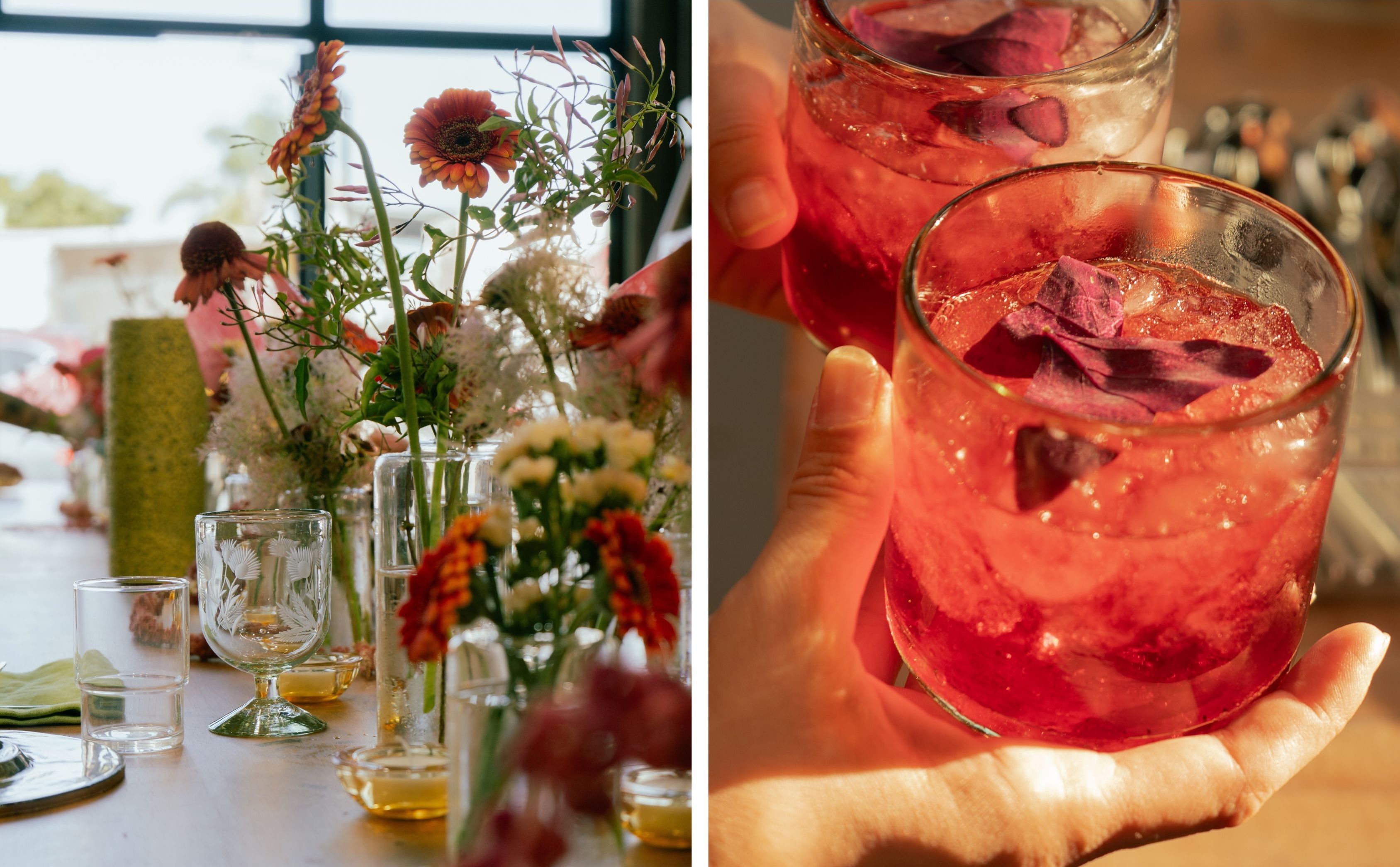 Two photos, the left is a long centerpiece on a table of fresh flowers and glassware, the right is a colorful drink in a cocktail glass.