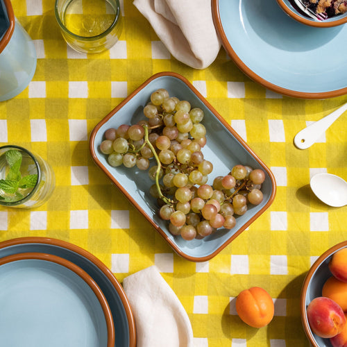 Green grapes in a medium rectangular baking dish in a robin's egg blue color with a warm brown rim, on a colorful table.