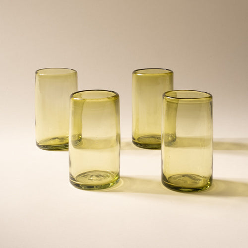 4 olive green tall transparent drinking glasses