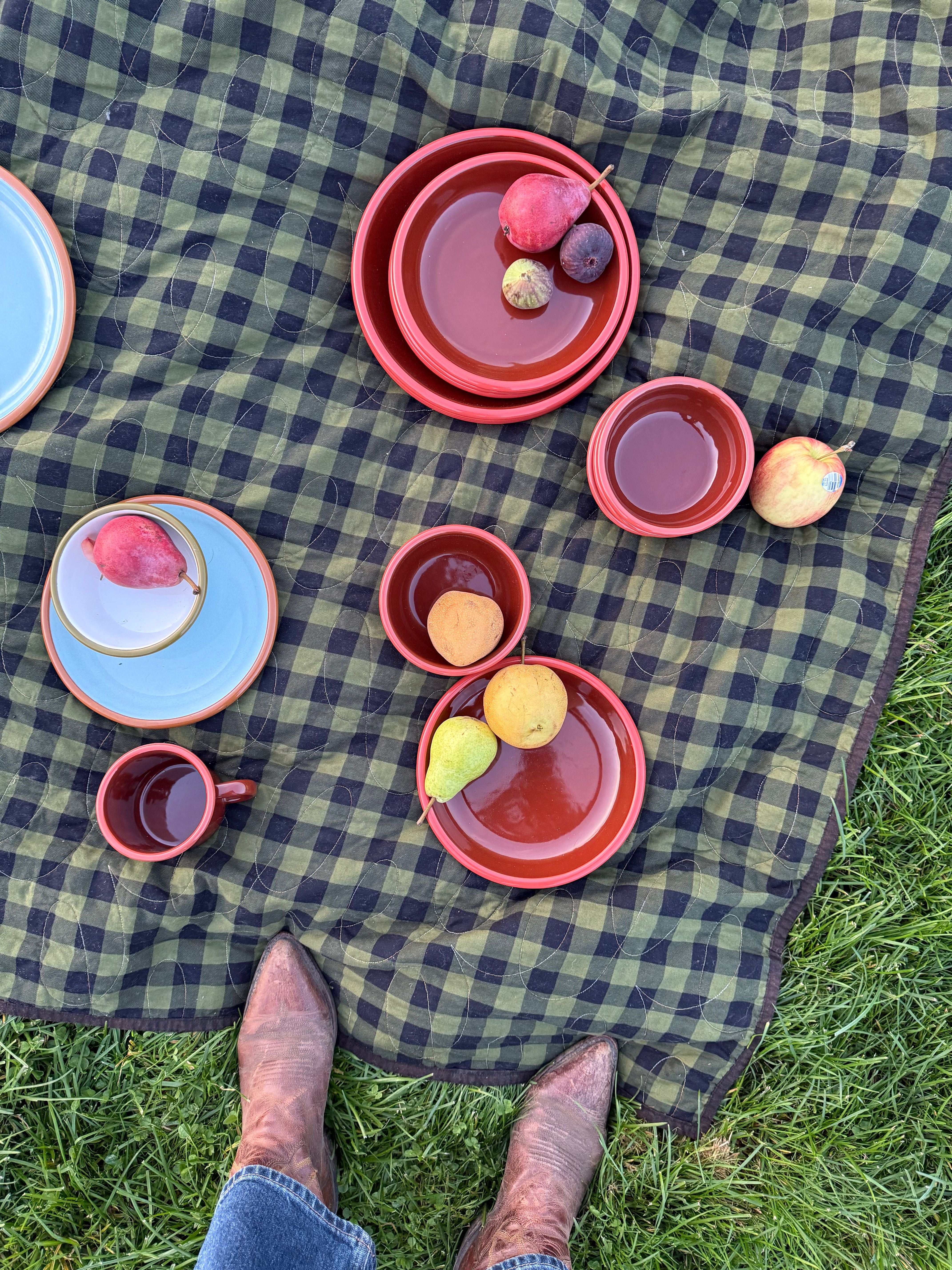 A picnic blanket with East Fork Enamelware on top of it with pears and cheese