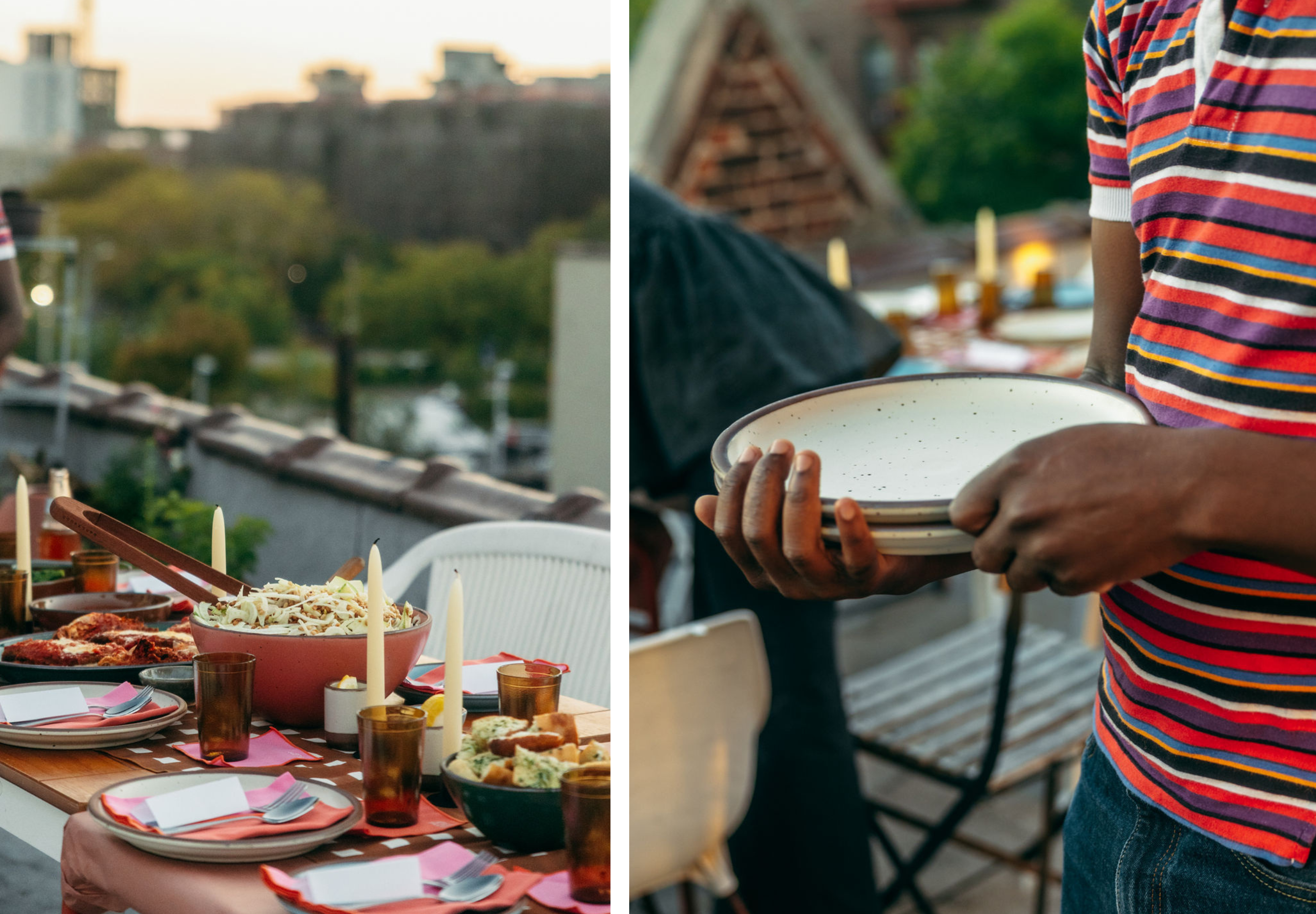 Side by side images of a table set with food on a rooftop at dusk, and a person wearing a striped shirt holding a stack of white plates.