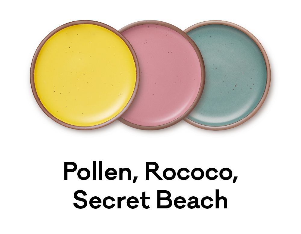 Three plates in a bright yellow, hot pink, and seafoam blue are positioned next to each other. Underneath, text reads: 