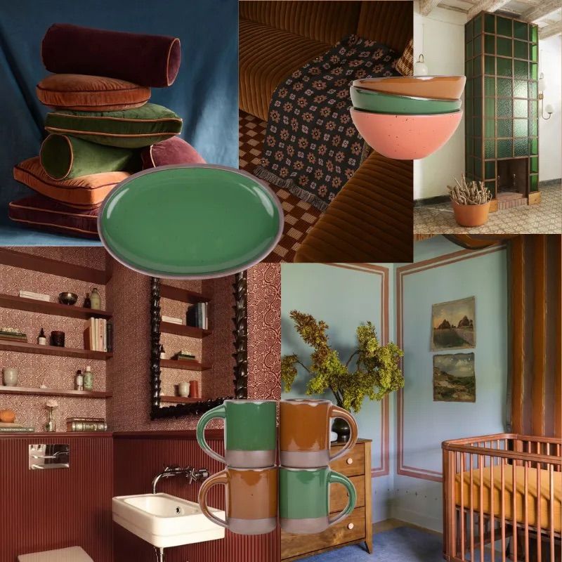 A collage of interior spaces in a range of fall colors like browns, blues, rusts and greens, overlayed with mugs, bowls and a platter in green, brown and pink.