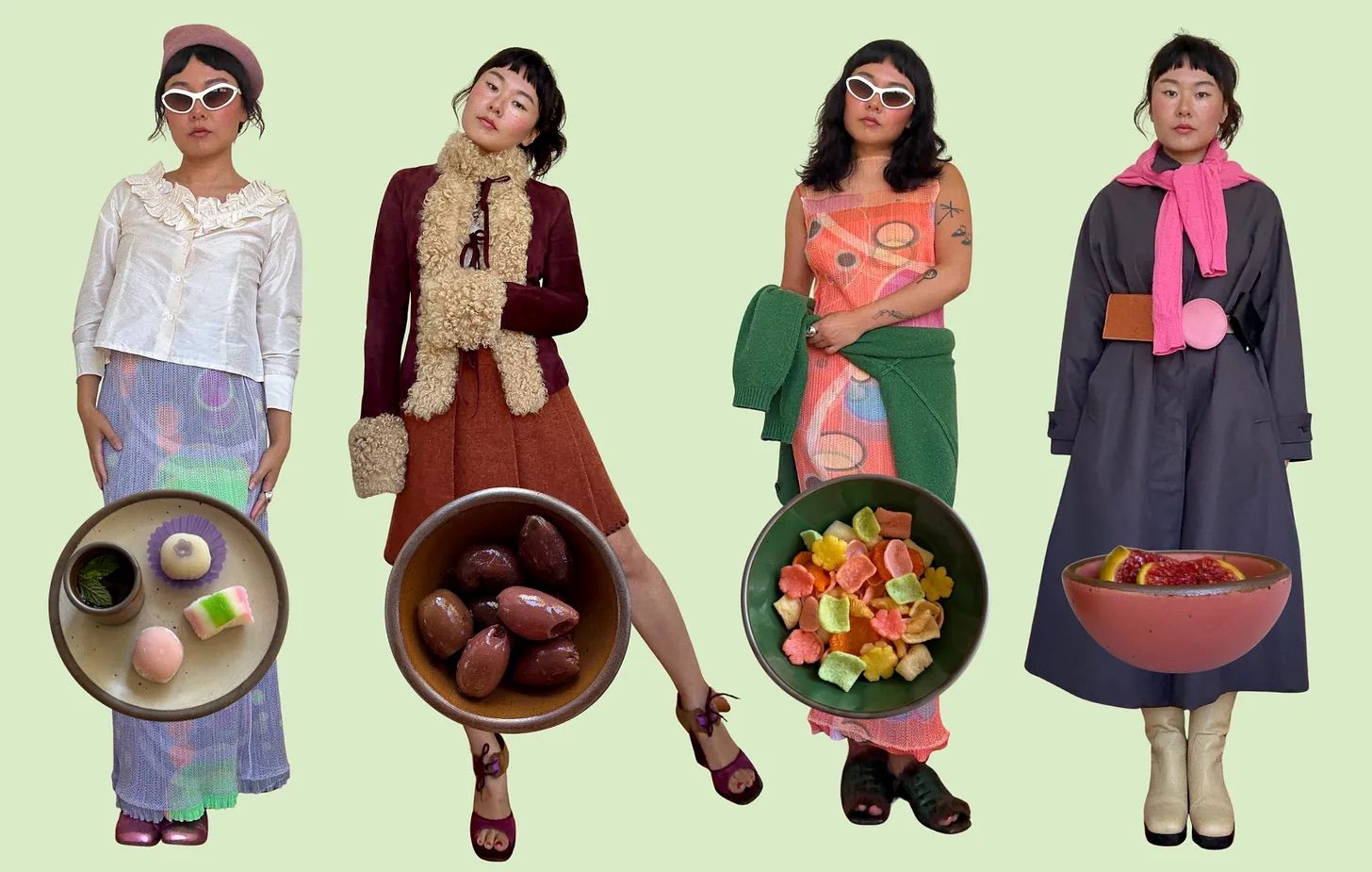 A woman stands in front of a pale green background in four different outfits overlayed with bowls holding foods in colors that match her outfits.