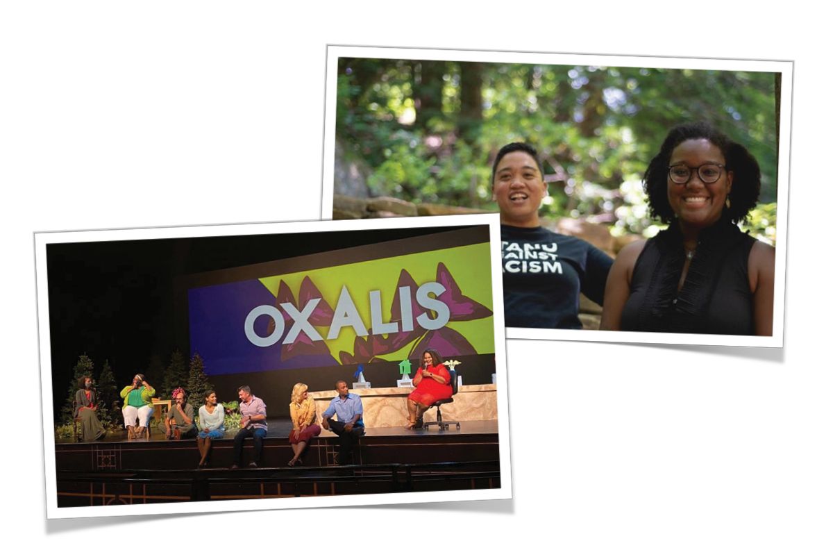A graphic of two photos, 1 featuring 2 people smiling outside, another featuring several people sitting on a stage talking 
