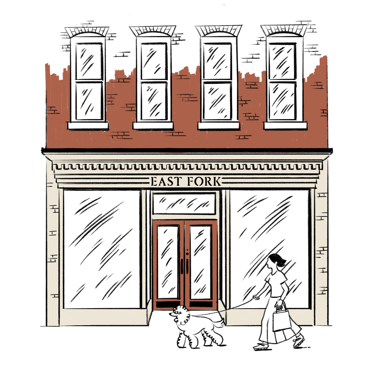 Illustration of a store front with 'East Fork' sign