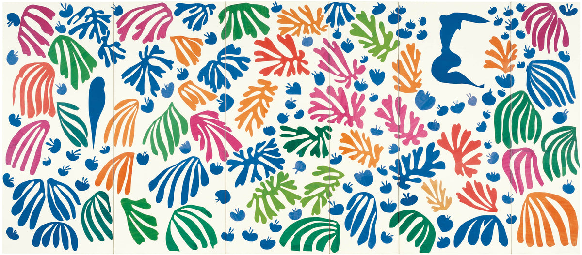 Colorful abstract composition featuring organic leaf-like shapes in blue, green, pink, orange, and red, interspersed with smaller blue rounded forms on a white background.
