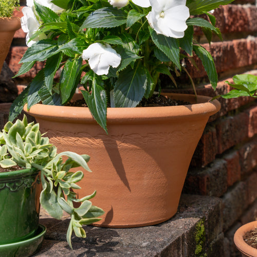 Medium terracotta pot with an embossed botanical band with white flowers and green leaves on a stone ledge against a brick wall.