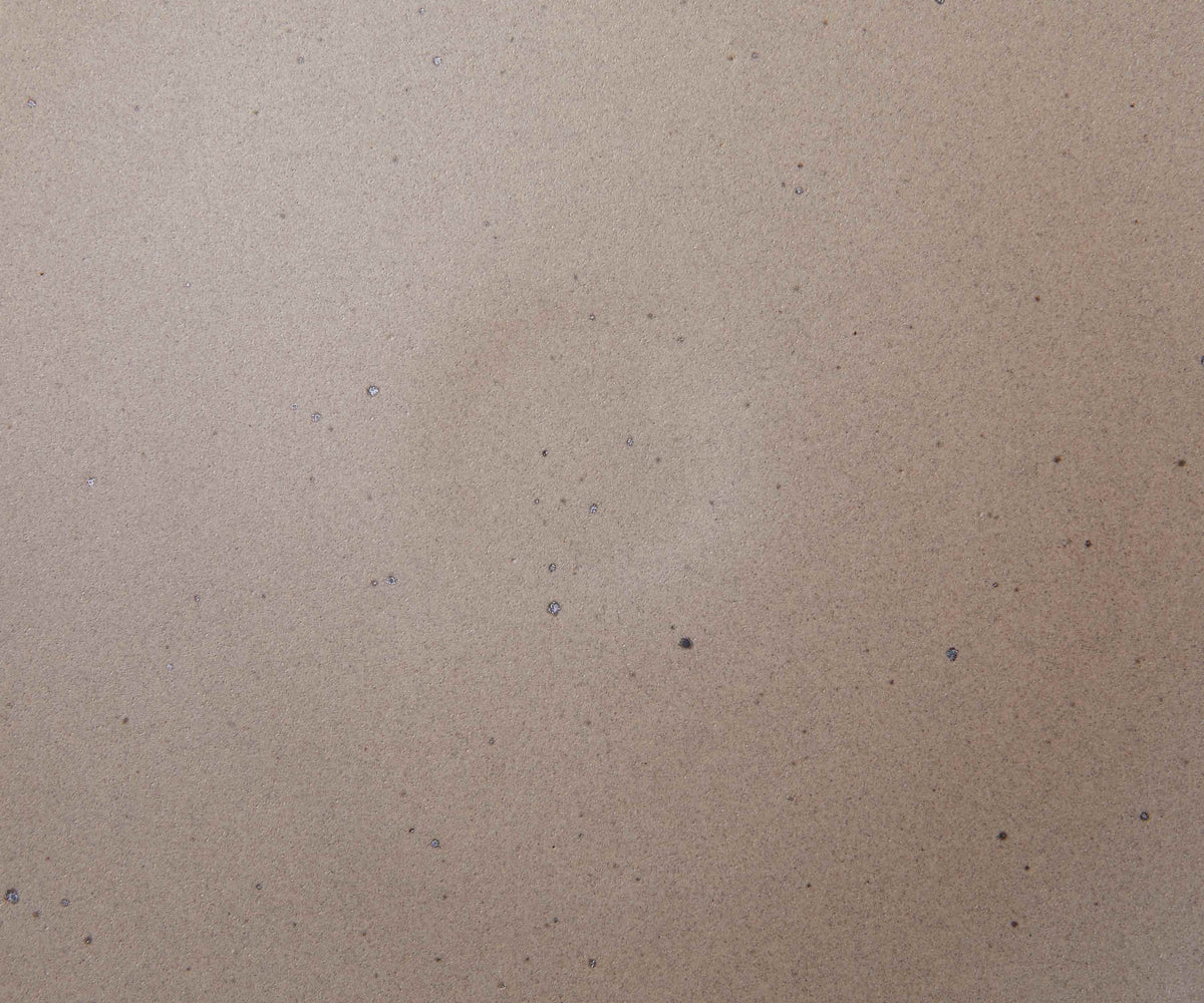 A closeup of a ceramic plate in a warm, pale brown color featuring iron speckles