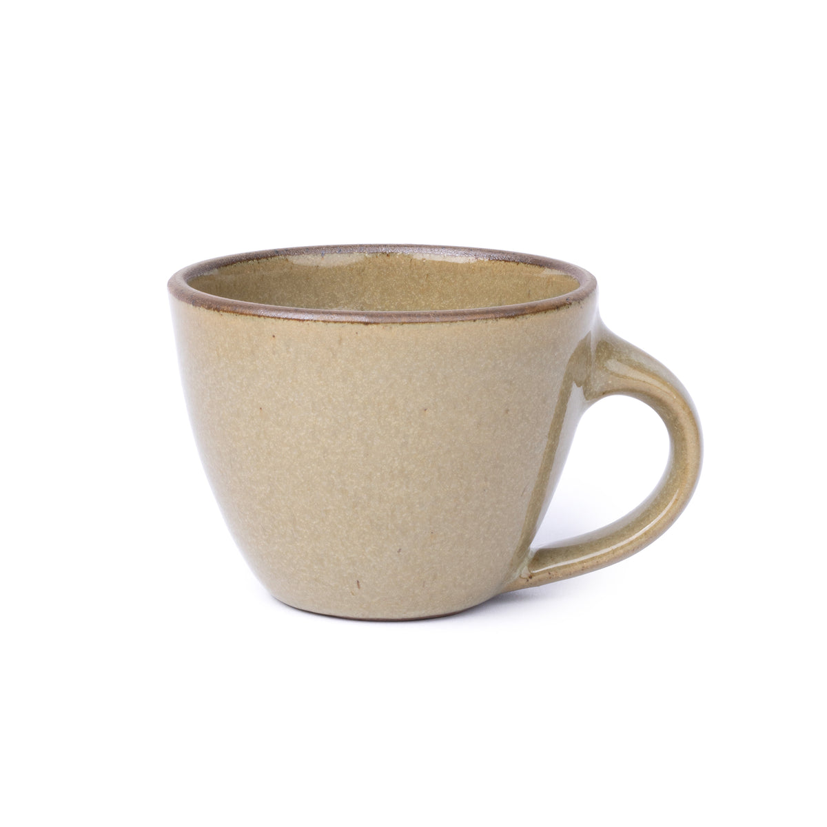 Round stoneware mug with handle, in a reflective grey-green with iron speckles and an unglazed rim.