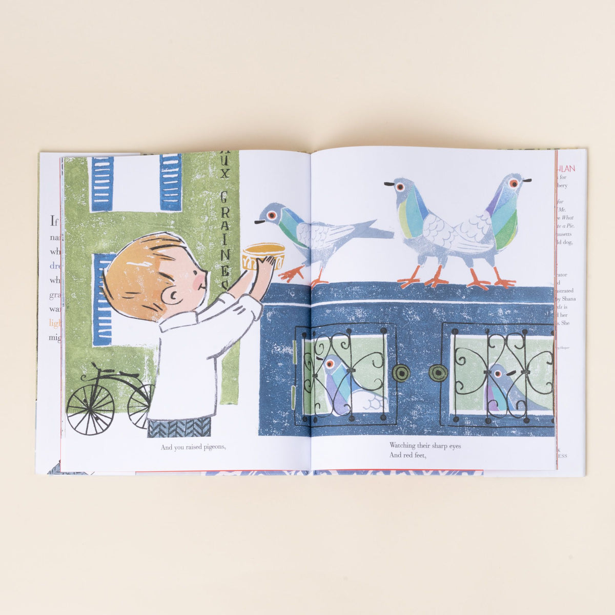 An illustrated children’s book spread showing a young boy feeding pigeons from a bowl, with colorful mid-century style artwork and simple text below.