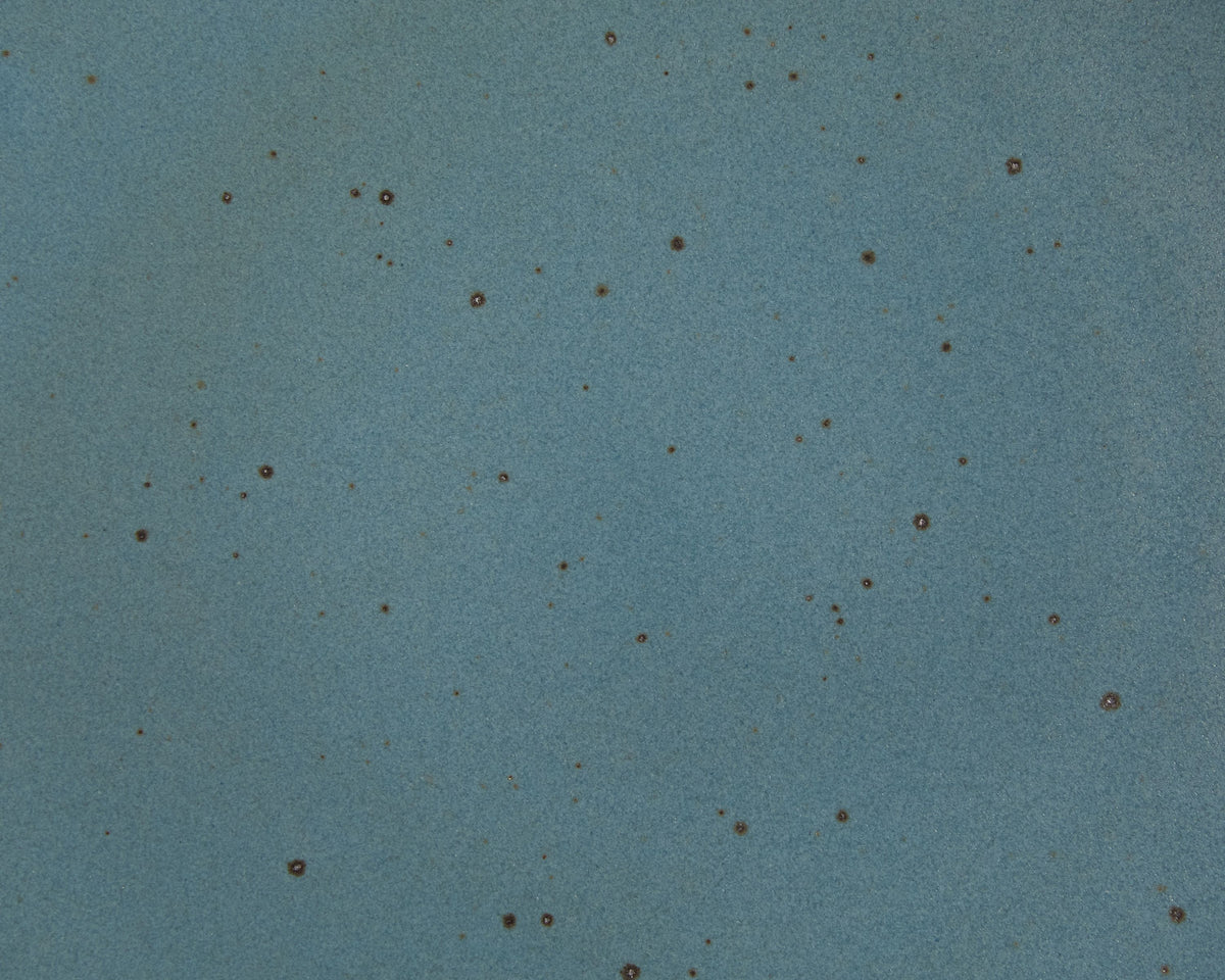 A closeup of a ceramic plate in a turquoise color with iron speckles throughout