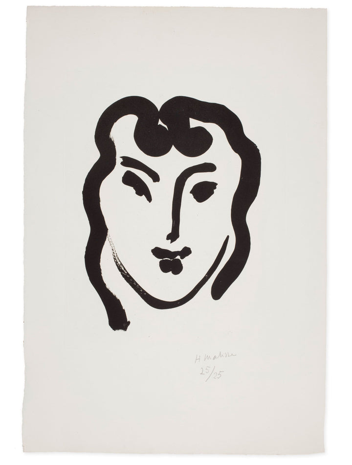 Original artwork by Henri Matisse, Patitcha souriante, a minimalist black ink painting of a woman's smiling face in an abstract, expressive style on an off-white background.