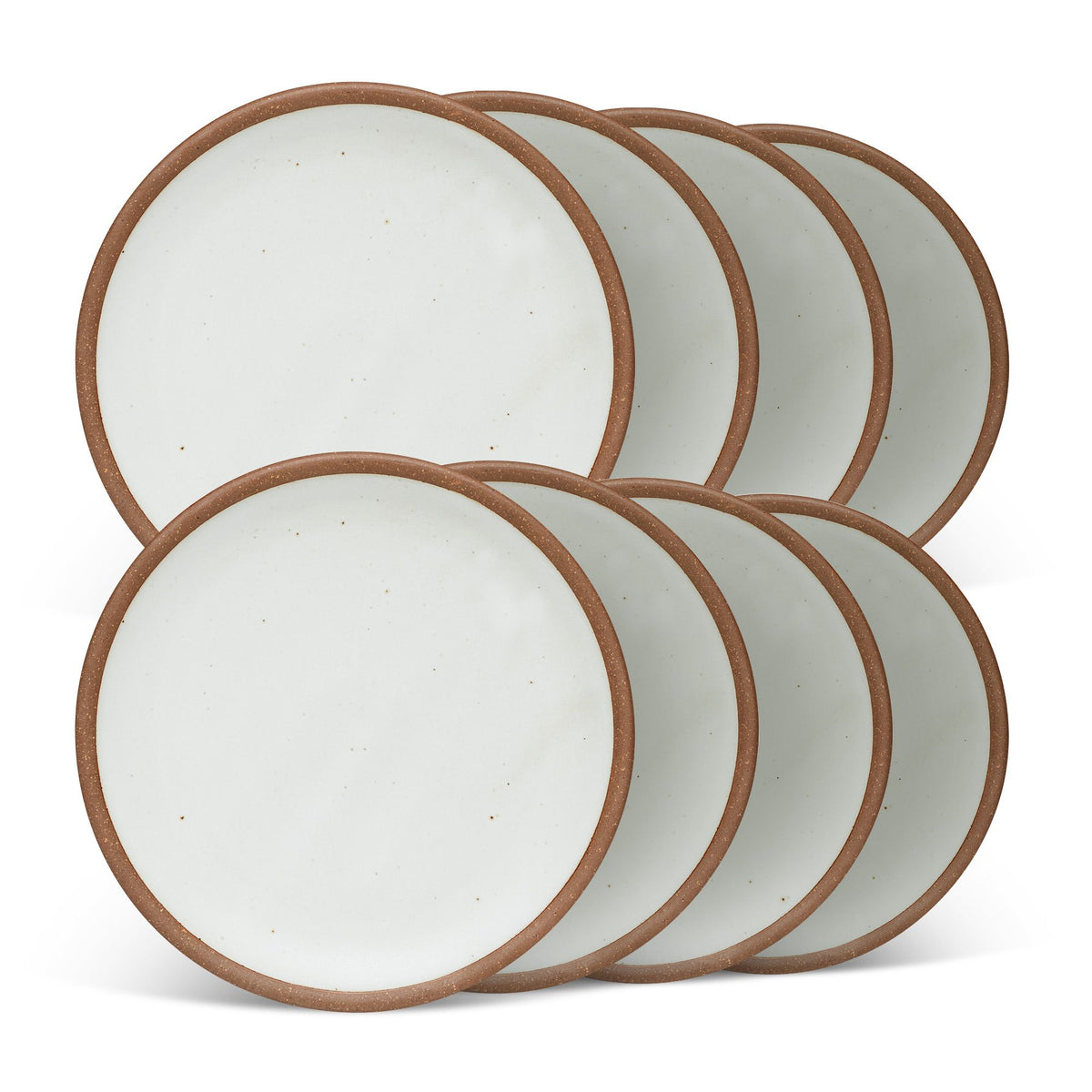 8 medium sized ceramic plates in a cool white color featuring iron speckles and an unglazed rim.