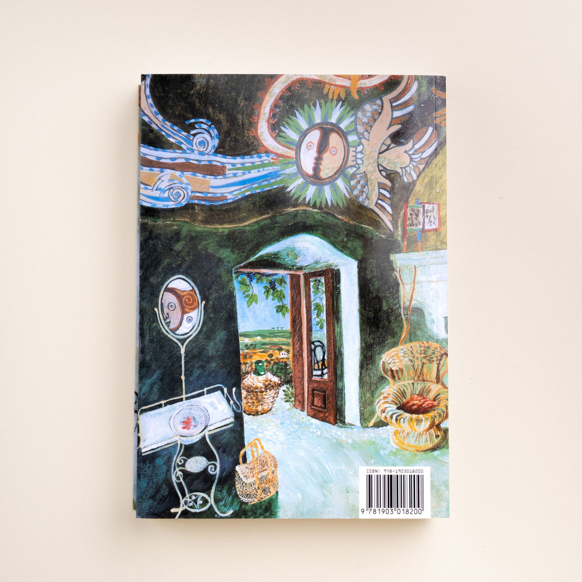 Back cover of 'Honey From a Weed' with colorful artwork of a doorway, chair, baskets, and abstract ceiling design.