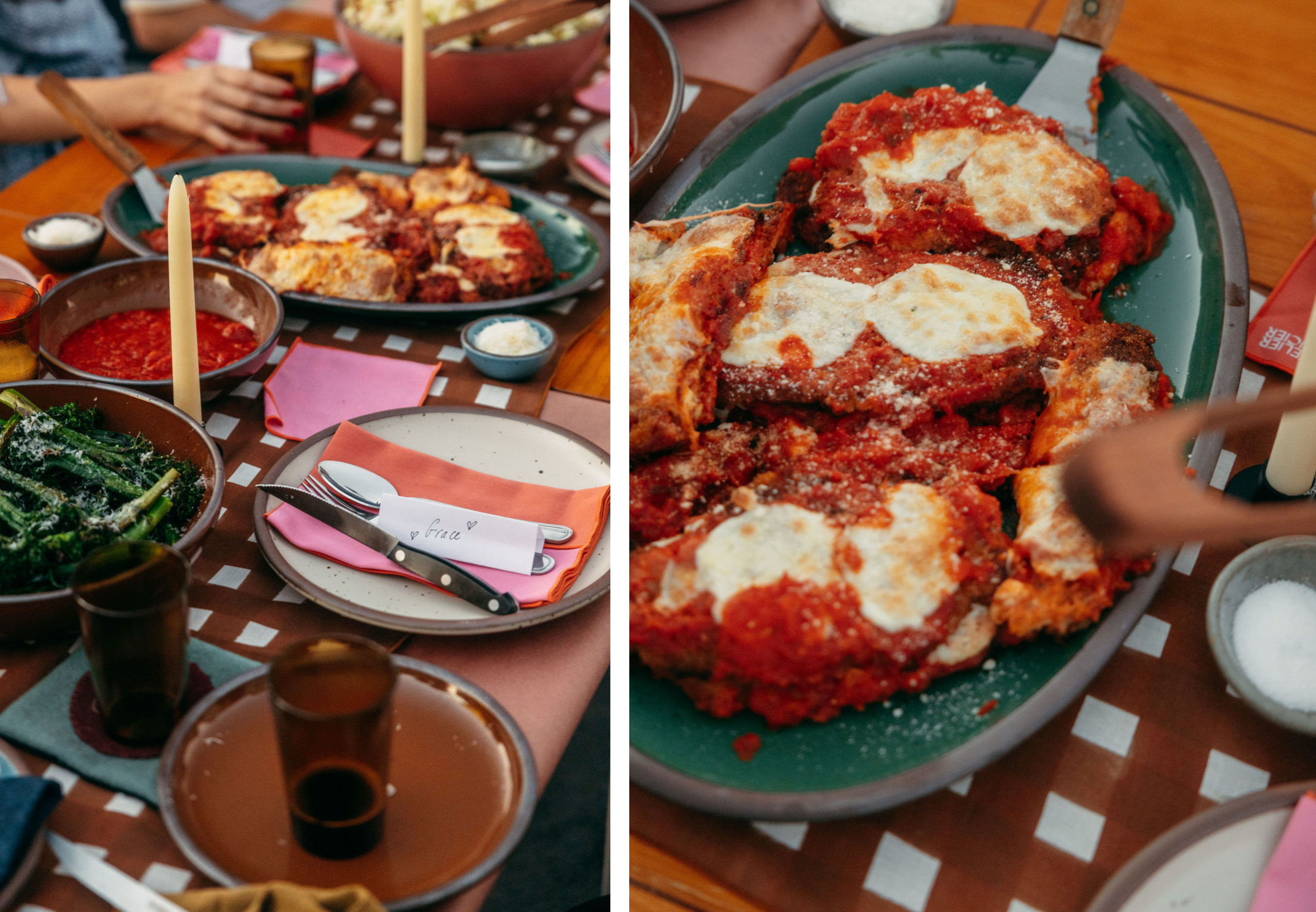 Side by side images showing a table set for dinner and a closeup on a green oval shaped platter holding chicken parmesan.