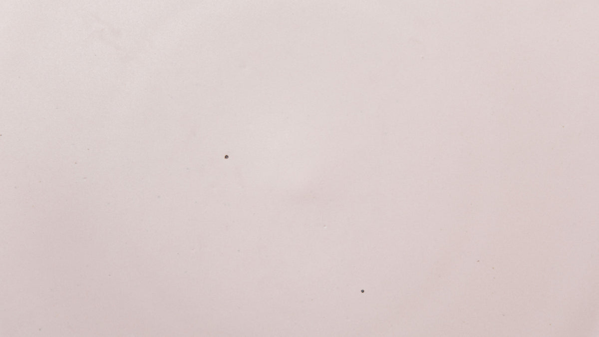 A closeup of a ceramic plate in a pale baby pink color with a few iron speckles