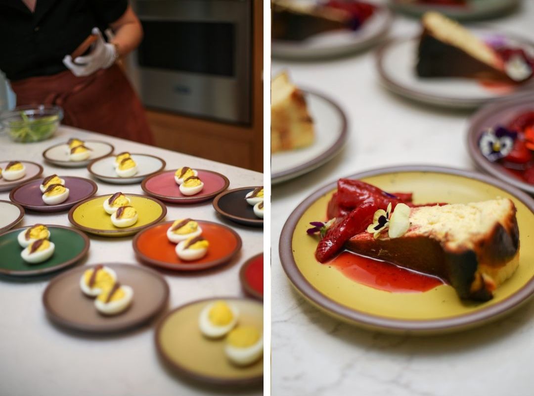 Two photos: The left is rows of colorful small ceramic plates with deviled eggs. The right is a yellow plate with a sophisticated dessert featuring a cake slice and red glaze.