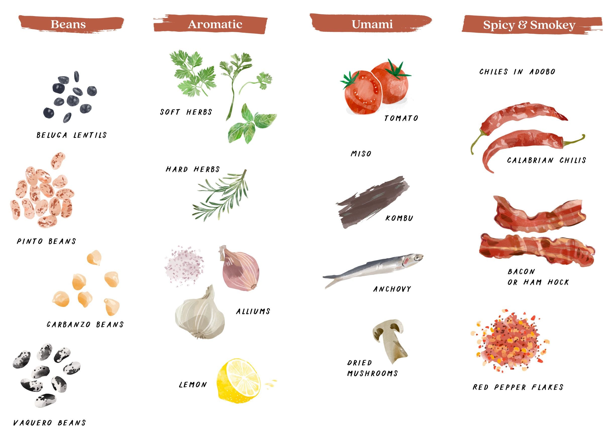 A graphic illustration of ingredients that can make a pot of beans have flavors that are aromatic, umami, or spicy and smokey. 