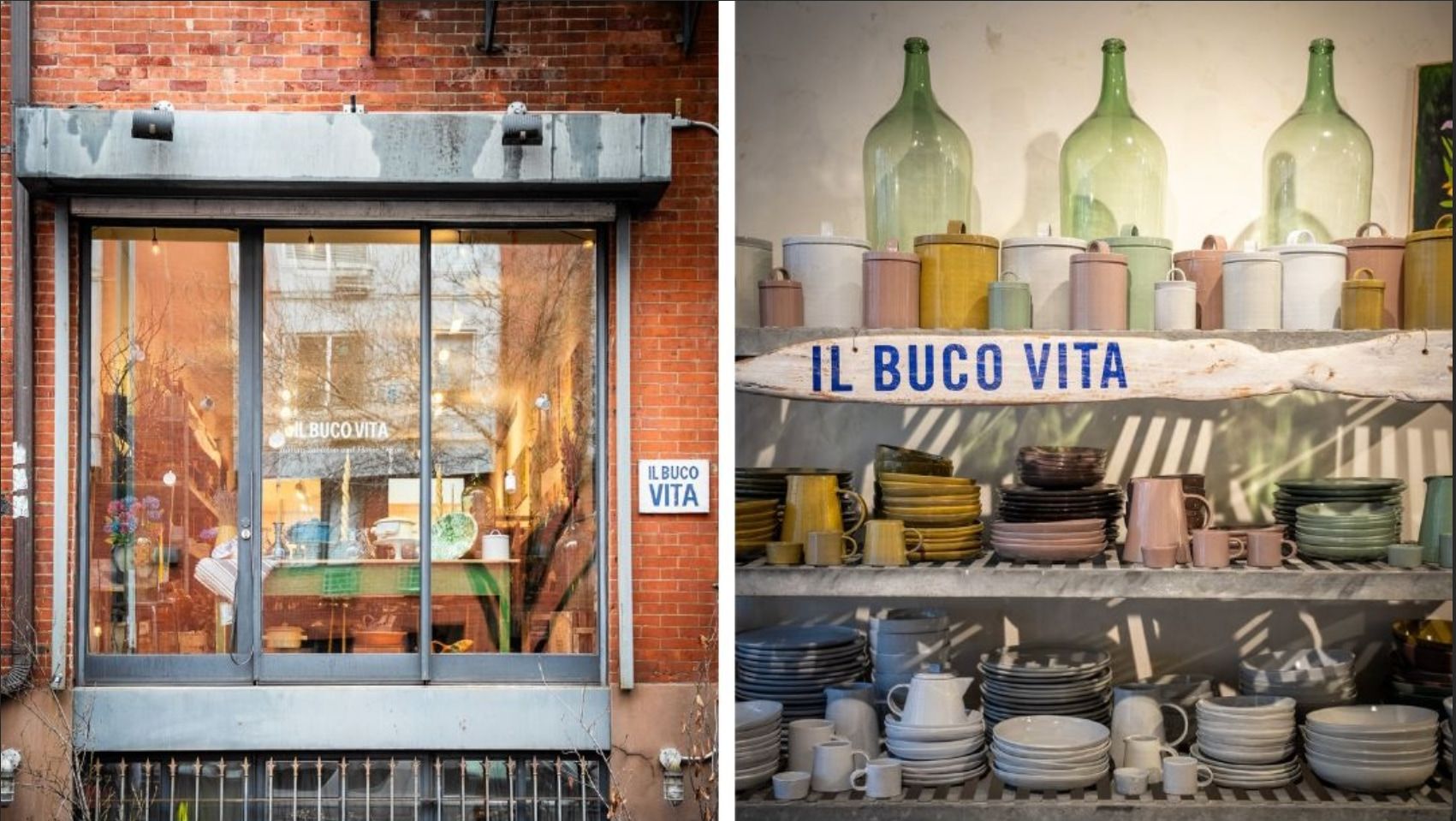 2 photos: The left is an outside storefront of a large open window at il Buco Vita. The right is inside the store with a large shelf of product inclluding dinnerware, pitchers, and cups.
