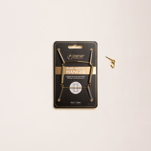 A brass plate hanger in its black cardboard package, with a nail off to the side.