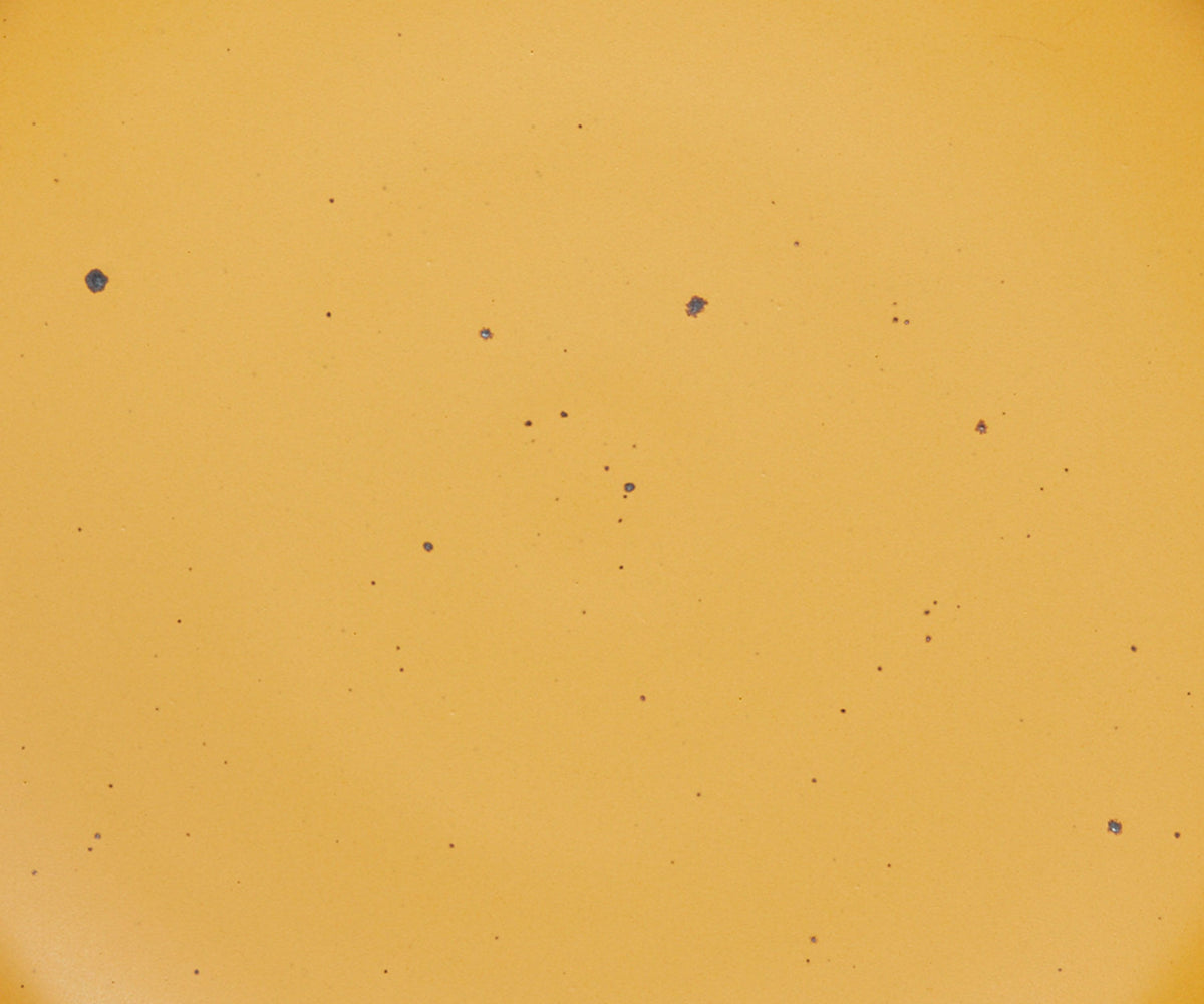 A closeup of a ceramic plate in a golden yellow color with iron speckles throughout